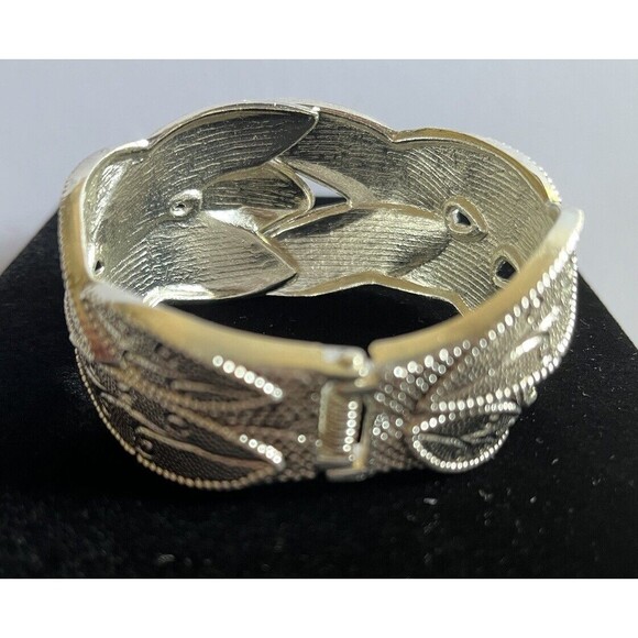 Rhinestone Pewter Leaf Design Hinged Cuff Bracelet 1.5" Wide - Picture 8 of 10